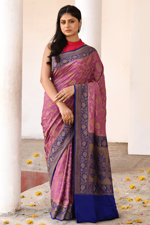 Lavender Purple Soft Silk Woven Zari Broad Border Saree 
