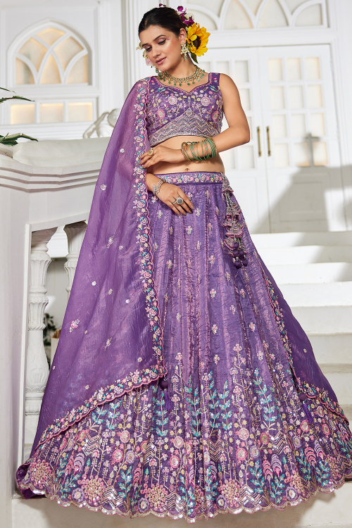 Lavender Purple Tissue Embroidered Panelled Style Lehenga For Wedding