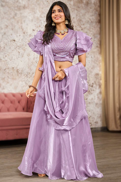 Lavender Purple Tissue Silk Embroidered A-Line Style Lehenga