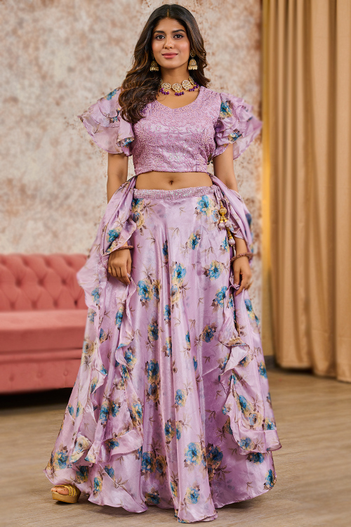 Lavender Purple Tissue Silk Floral Print A-Line Style Lehenga