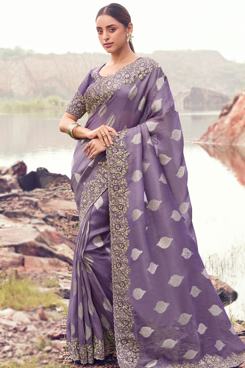 Lavender Purple Tissue Silk Woven Zari Heavy Saree 