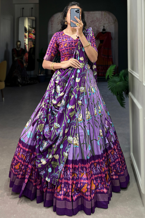 Lavender Purple Tussar Silk Lehenga with Printed Work for Diwali