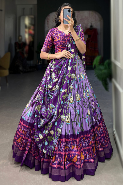 Light Purple Tussar Silk Printed Flared Style Chaniya Choli