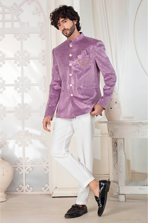 Lavender Purple Velvet Embroidered Men's Jodhpuri Sherwani For Wedding