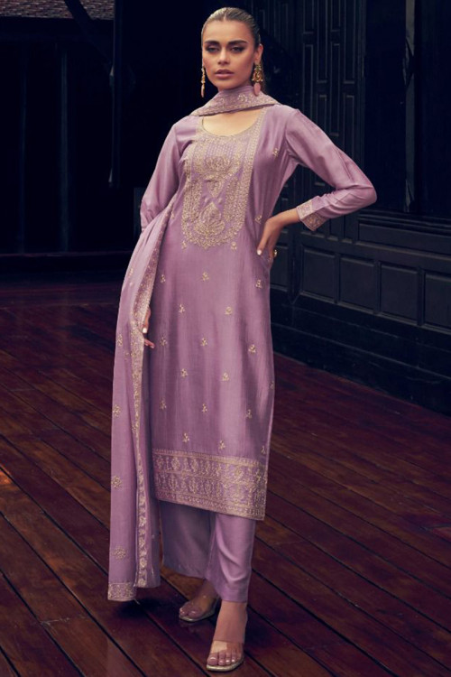 Lavender Purple Resham Embroidered Silk Palazzo Suit For Eid 