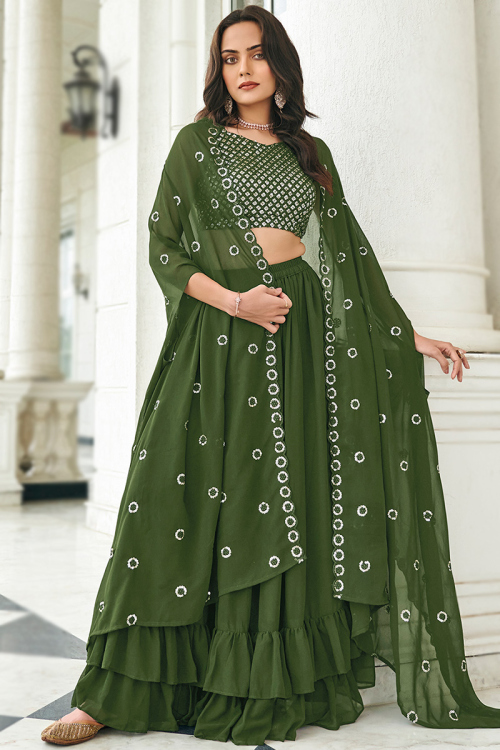 Layered Style Army Green Georgette Lehenga Choli For Mehndi 