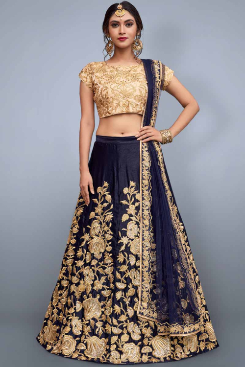 Navy Blue Silk Lehenga with Silk Choli and Net Dupatta