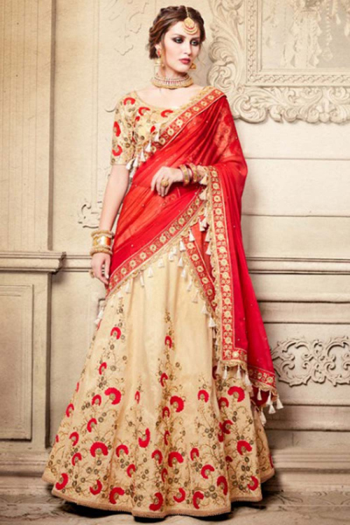 Beige Silk Wedding Lehenga With Silk Choli