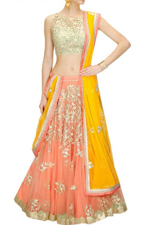 Green and Peach Net Lehenga with Crocia Net Choli