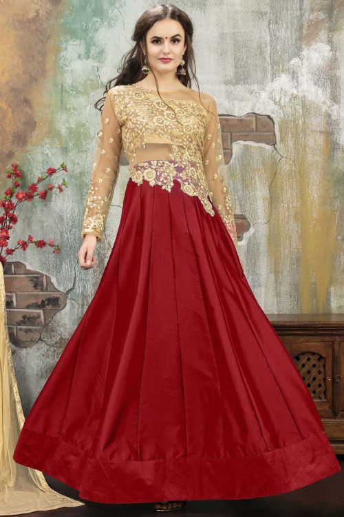 Beige and Red Taffeta Silk Anarkali Suit with Dupatta for Eid