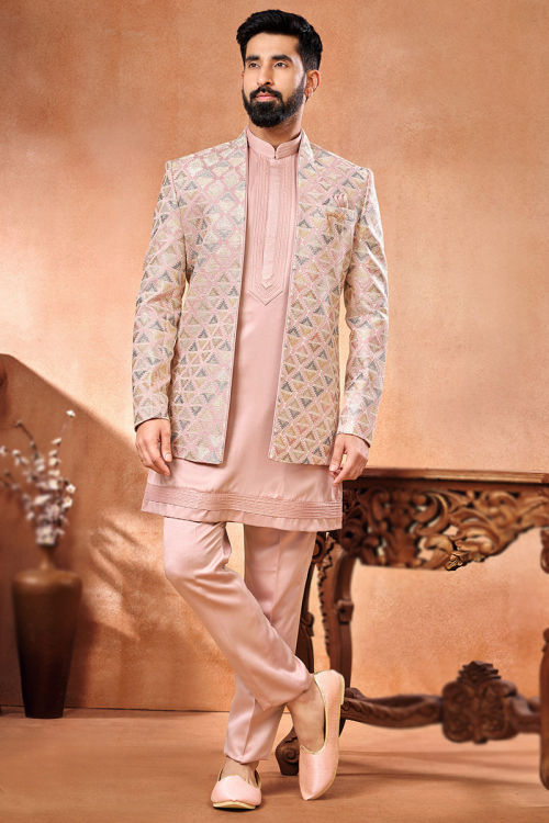 Lemonade Pink Silk Men's Kurta Pajama With Embroidered Jacket
