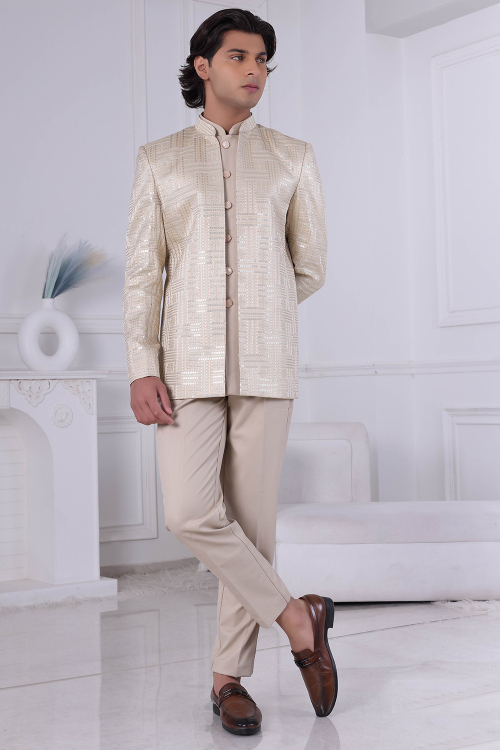 Light Beige Art Silk Jodhpuri Men's Sherwani With Embroidered Jacket