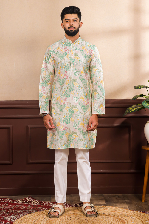 Light Beige Art Silk Men's Kurta Pajama With Printed Work