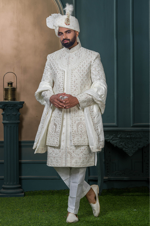 Light Beige Art Silk Men's Sherwani With Stone Work For Wedding