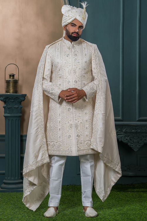 Light Beige Art Silk Men's Sherwani With Stone Work For Wedding