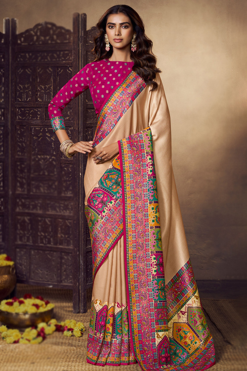 Light Beige Art Silk Weaved Broad Border Saree 