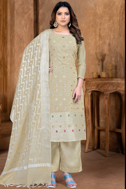 Light Beige Art Silk Woven Zari Trouser Suit