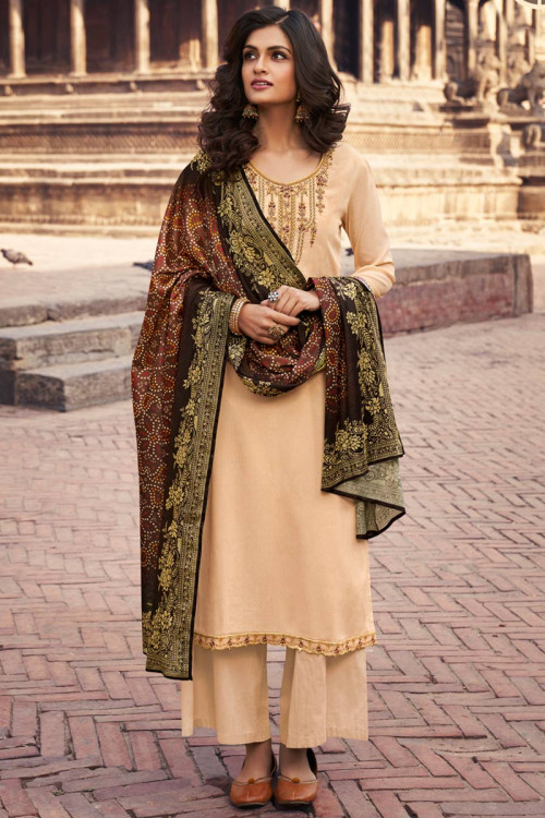 Light Beige Chinnon Embroidered Palazzo Suit