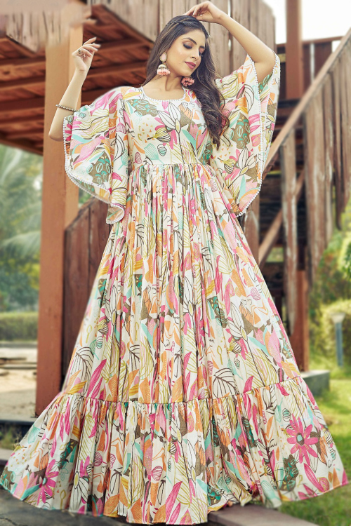 Light Beige Cotton Anarkali Gown With Printed Work For Casual Wear