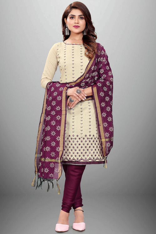 Light Beige Cotton Embroidered Casual Wear Churidar Suit