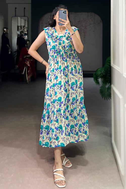 Light Beige Cotton Kurti With Printed Work For Casual Wear