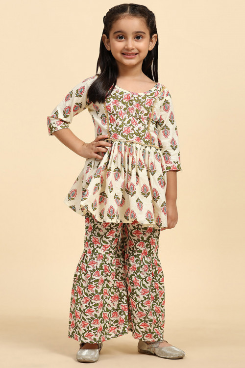 Light Beige Cotton Printed Girl's Sharara Suit