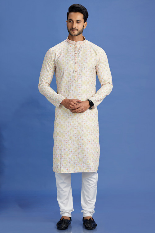Light Beige Cotton Printed Men's Kurta Pajama For Sangeet 