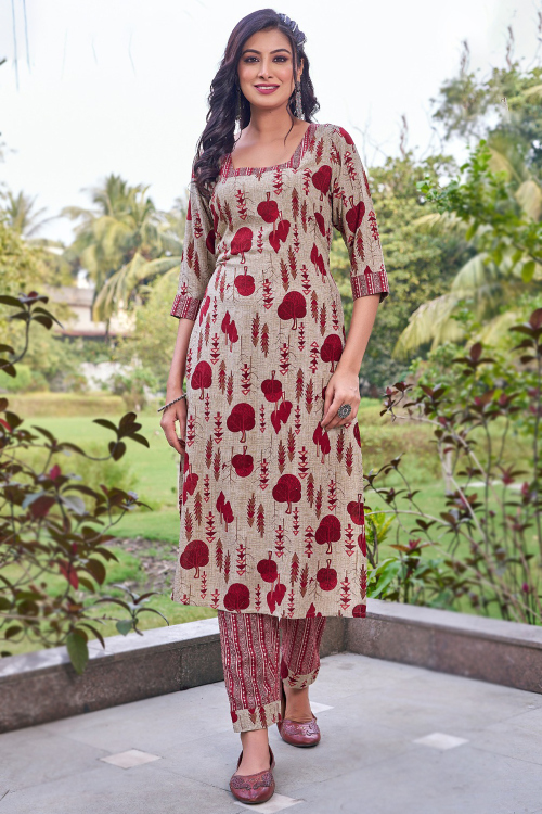 Light Beige Cotton Printed Straight Cut Trouser Suit 