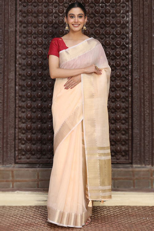 Light Beige Cotton Saree With Woven Zari Work For Festival