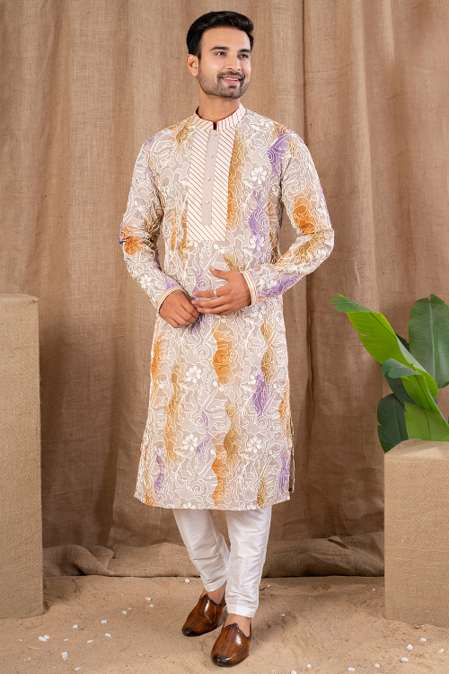 Light Beige Cotton Silk Men's Kurta Pajama With Printed Work