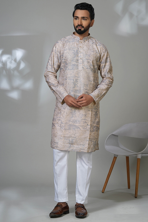 Light Beige Cotton Silk Men's Kurta Pajama With Printed Work