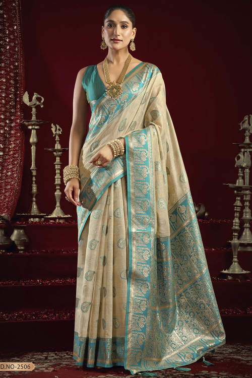 Light Beige Cotton Silk Saree With Woven Zari Work For Festival