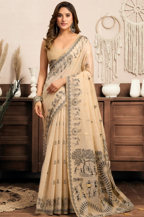 Light Beige Cotton Silk Weaved Broad Border Saree