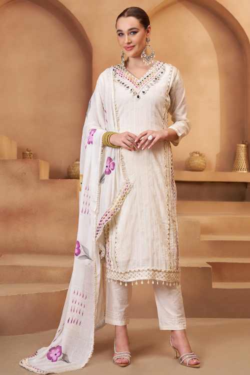 Light Beige Cotton Trouser Suit With Mirror Work For Casual Wear