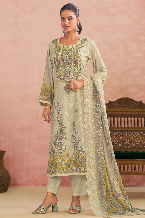 Light Beige Cotton Trouser Suit With Printed Work For Casual Wear