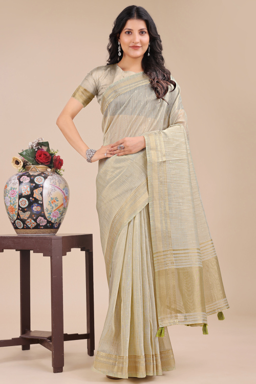 Light Beige Cotton Woven Zari Broad Border Saree