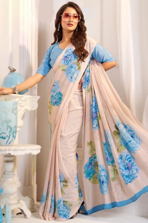 Light Beige Crepe Saree With Printed Work For Casual Wear