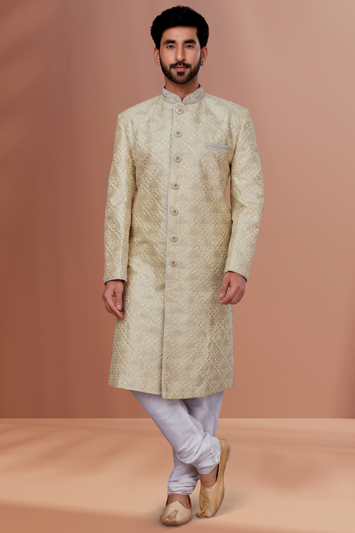 Light Beige Dupion Silk Embroidered Men Sherwani