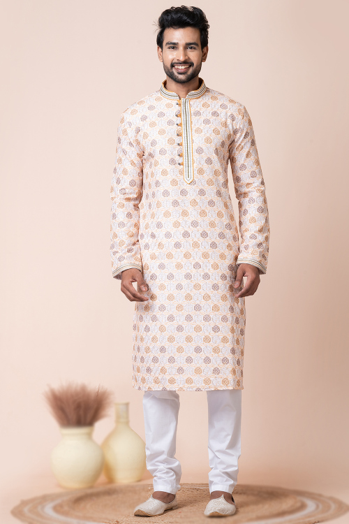 Light Beige Embroidered Cotton Straight Cut Men's Kurta Churidar