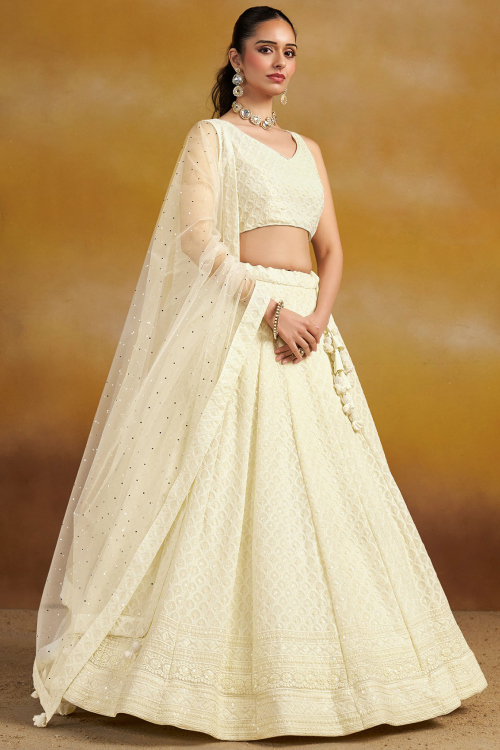 Light Beige Embroidered Georgette Panelled Style Lehenga