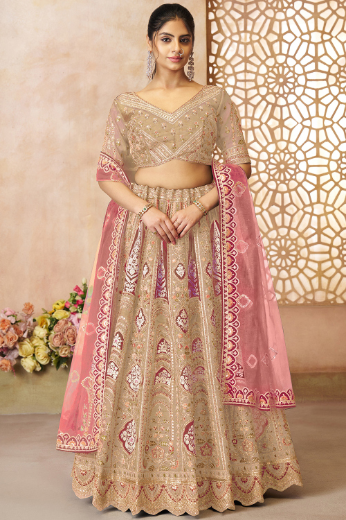 Light Beige Embroidered Silk Blend Flared Style Lehenga