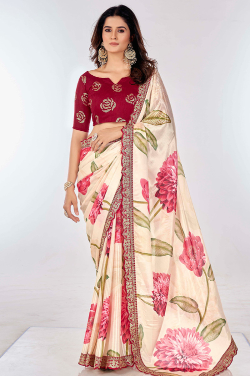 Light Beige Floral Printed Chinnon Saree For Sangeet 