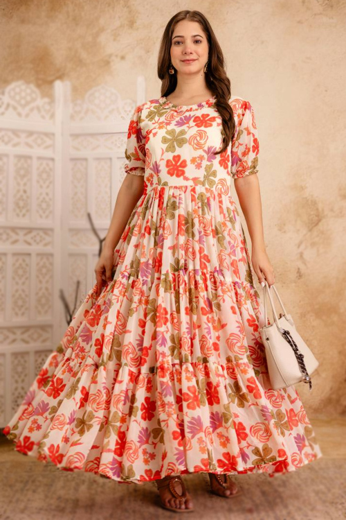 Light Beige Georgette Anarkali Gown With Printed Work