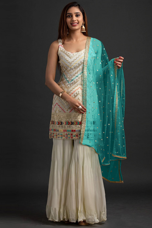 Light Beige Georgette Embroidered Straight Cut Suit