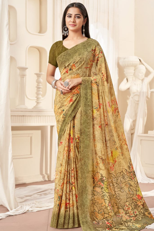 Light Beige Georgette Saree With Printed Work For Casual Wear