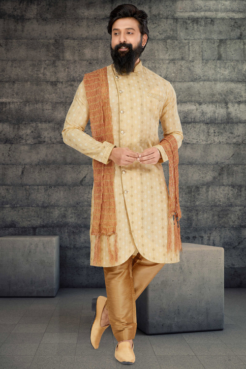 Light Beige Indo-Western Cotton Silk Foil Print Men's Sherwani