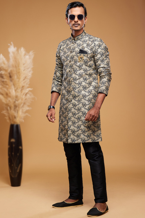 Light Beige Jacquard Front Slit Men's Sherwani With Woven Zari 