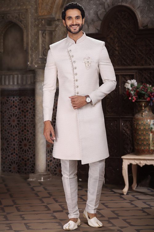 Light Beige Jacquard Weaved Thread Asymmetrical Men's Sherwani