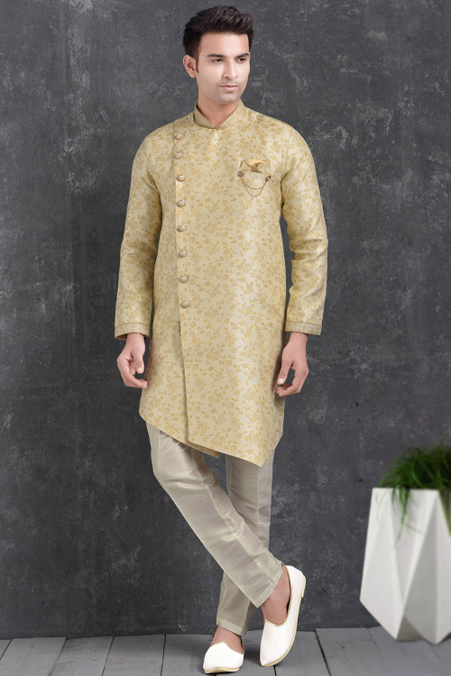 Light Beige Jacquard Weaved Thread Indo-Western Men's Sherwani