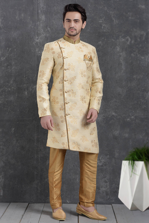 Light Beige Jacquard Sherwani with Woven Zari Work Design